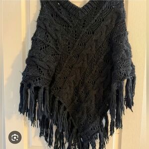 HANDKNITT Turtleneck Cable Knit Poncho With Tassels
